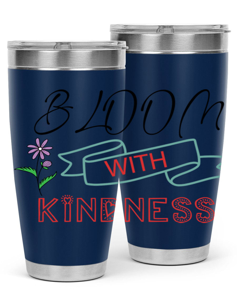 Bloom with Kindness 20oz Tumbler made of stainless steel with a vibrant design, featuring a drink-thru lid.