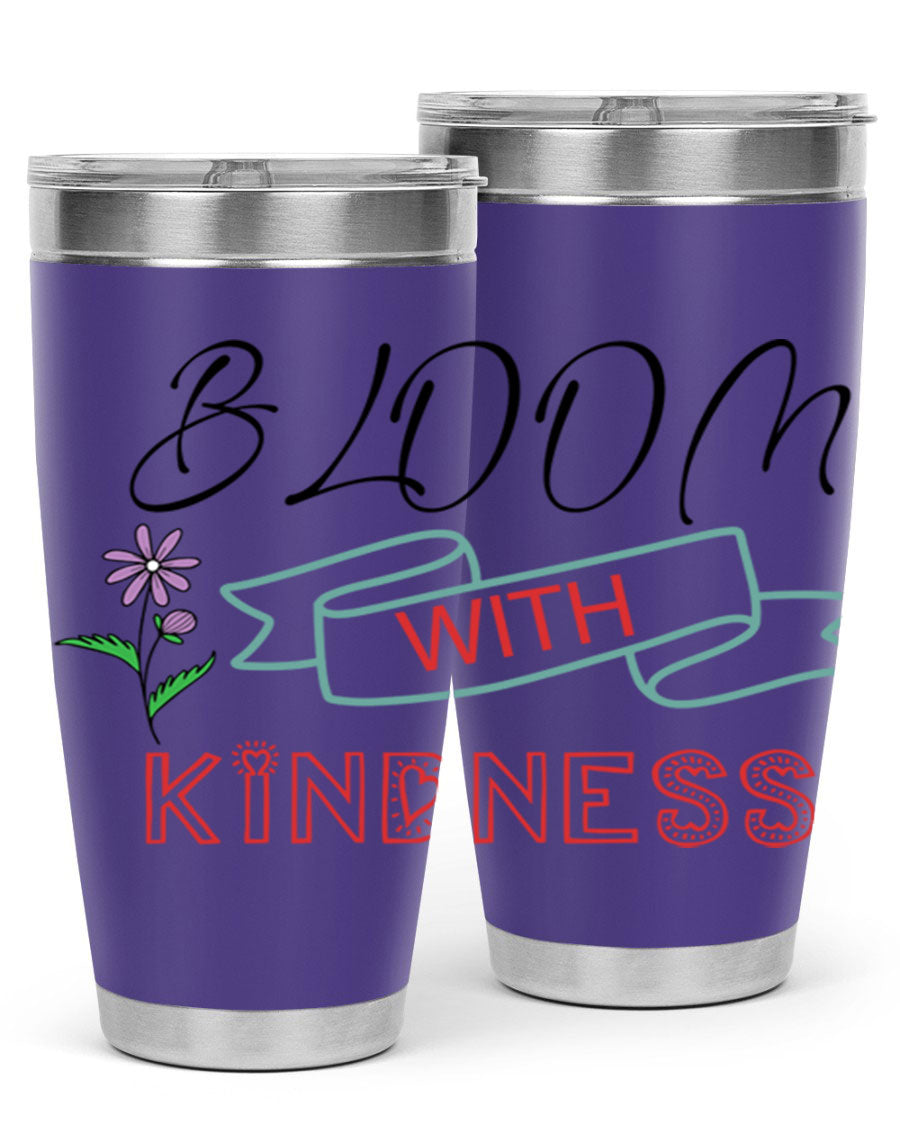 Bloom with Kindness 20oz Tumbler made of stainless steel with a vibrant design, featuring a drink-thru lid.