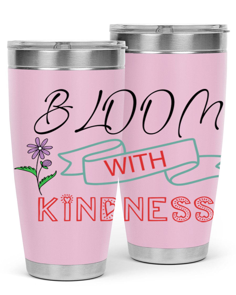 Bloom with Kindness 20oz Tumbler made of stainless steel with a vibrant design, featuring a drink-thru lid.