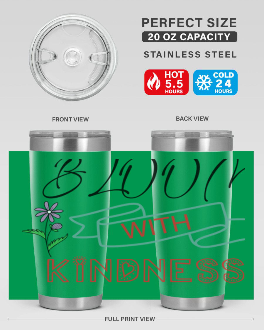 Bloom with Kindness 20oz Tumbler made of stainless steel with a vibrant design, featuring a drink-thru lid.