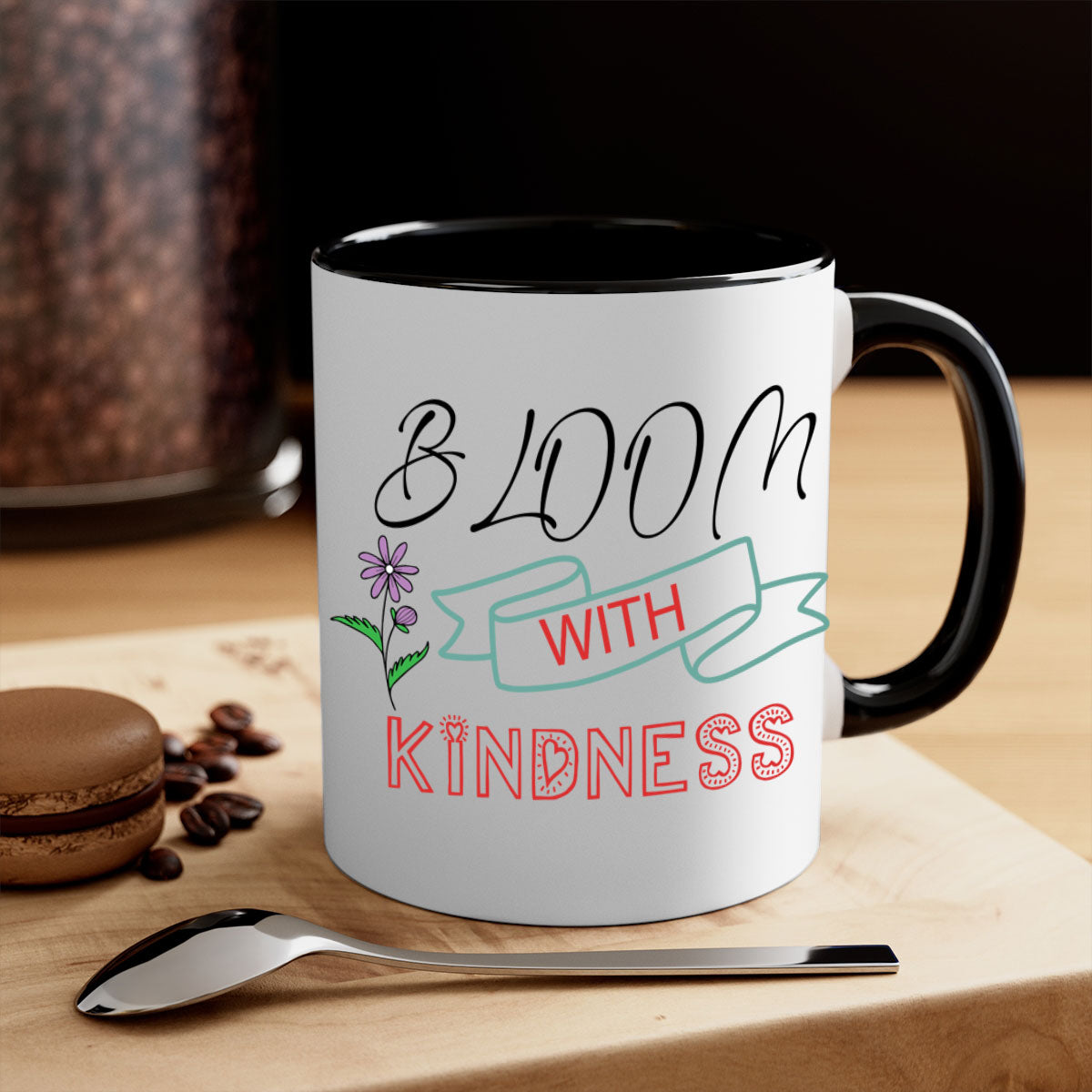 Bloom with Kindness 91# Mug featuring a two-tone design with a colored handle and glossy finish, available in multiple colors.