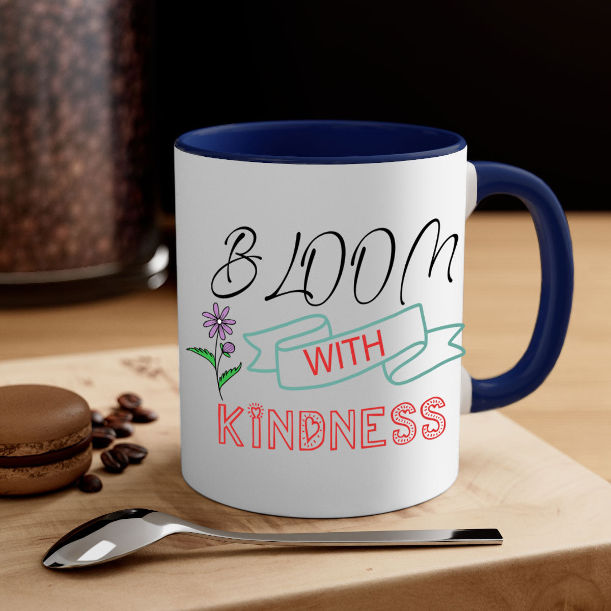 Bloom with Kindness 91# Mug featuring a two-tone design with a colored handle and glossy finish, available in multiple colors.