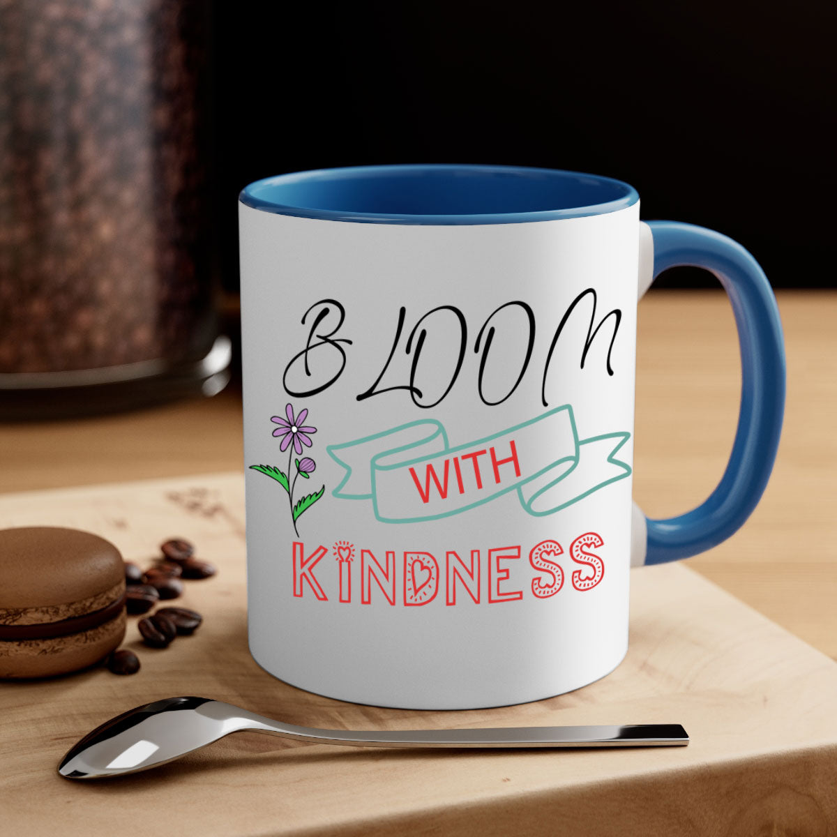 Bloom with Kindness 91# Mug featuring a two-tone design with a colored handle and glossy finish, available in multiple colors.