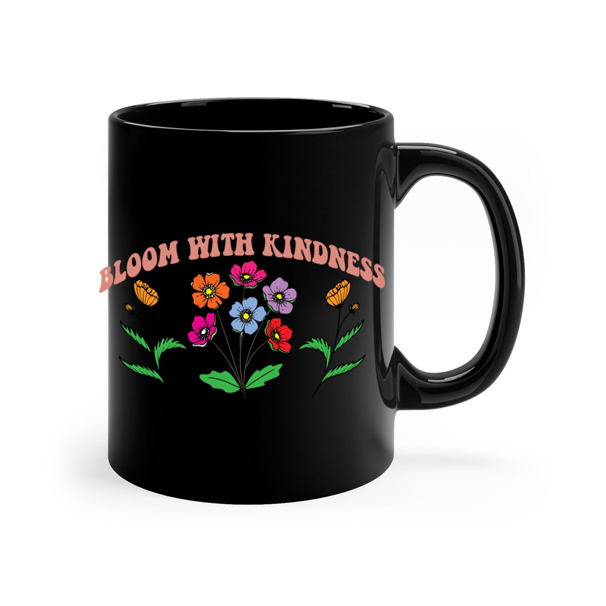 Bloom with Kindness 92# Mug featuring a glossy finish, colored handle, and interior, available in multiple colors.