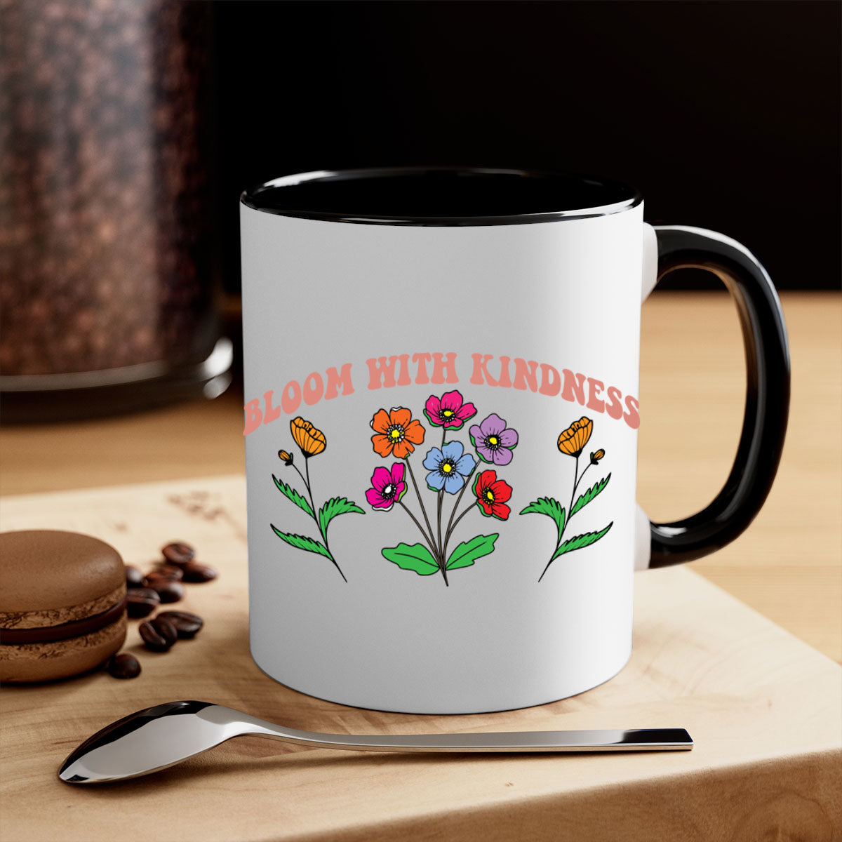 Bloom with Kindness 92# Mug featuring a glossy finish, colored handle, and interior, available in multiple colors.