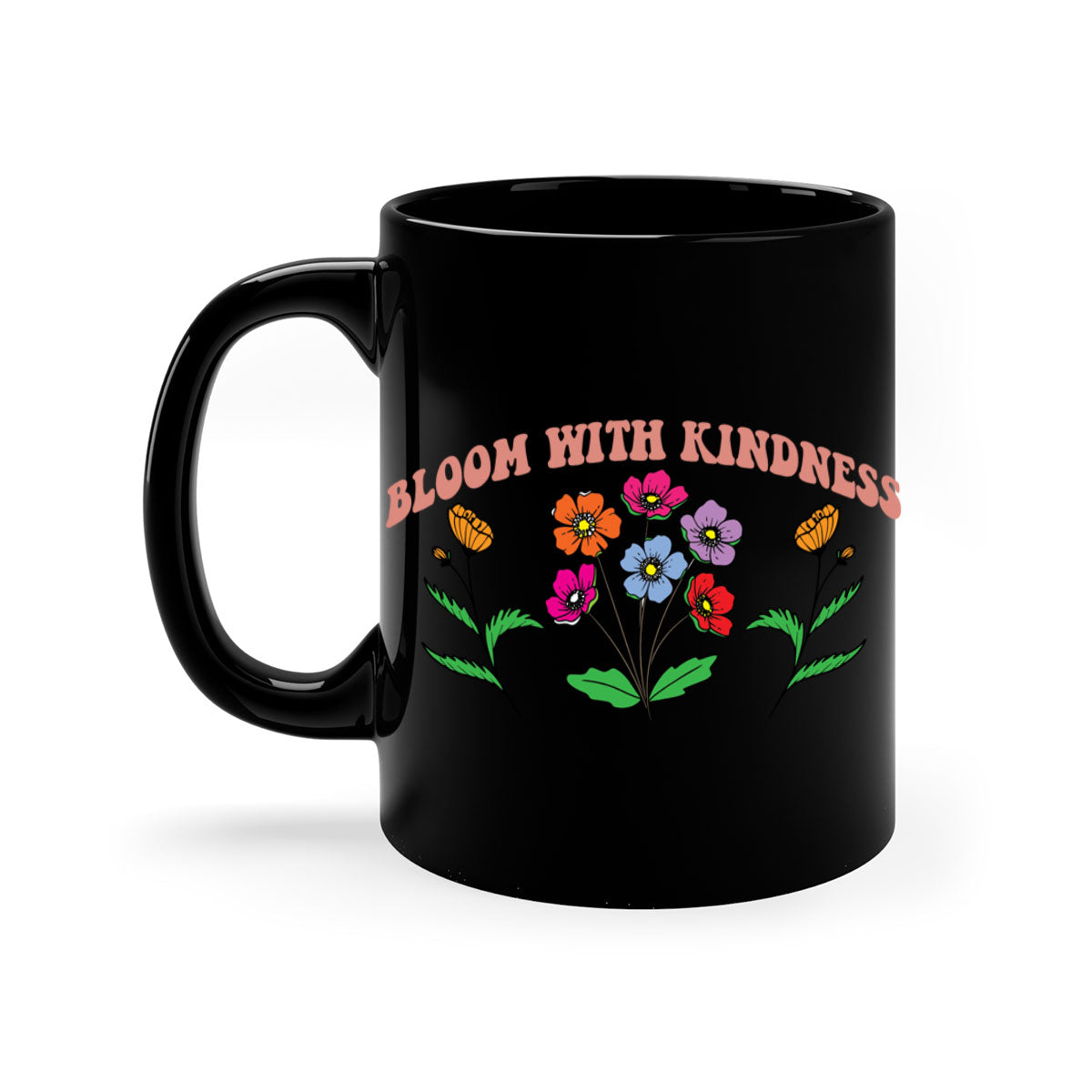 Bloom with Kindness 92# Mug featuring a glossy finish, colored handle, and interior, available in multiple colors.