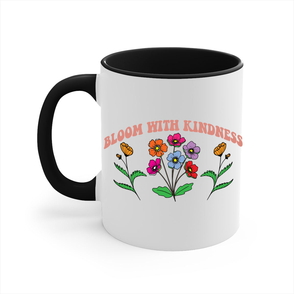 Bloom with Kindness 92# Mug featuring a glossy finish, colored handle, and interior, available in multiple colors.