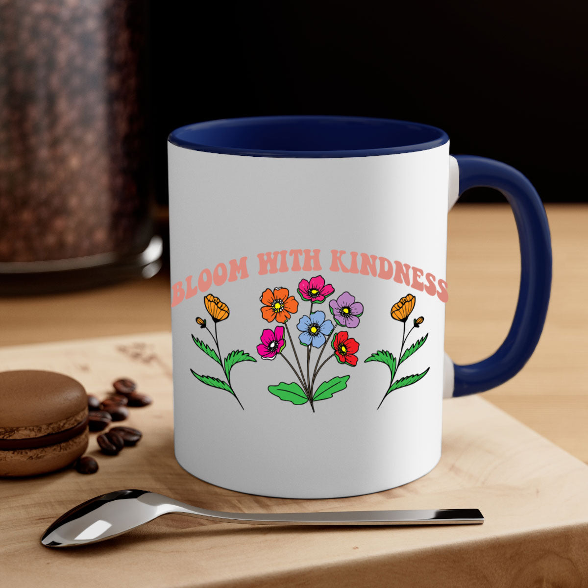 Bloom with Kindness 92# Mug featuring a glossy finish, colored handle, and interior, available in multiple colors.