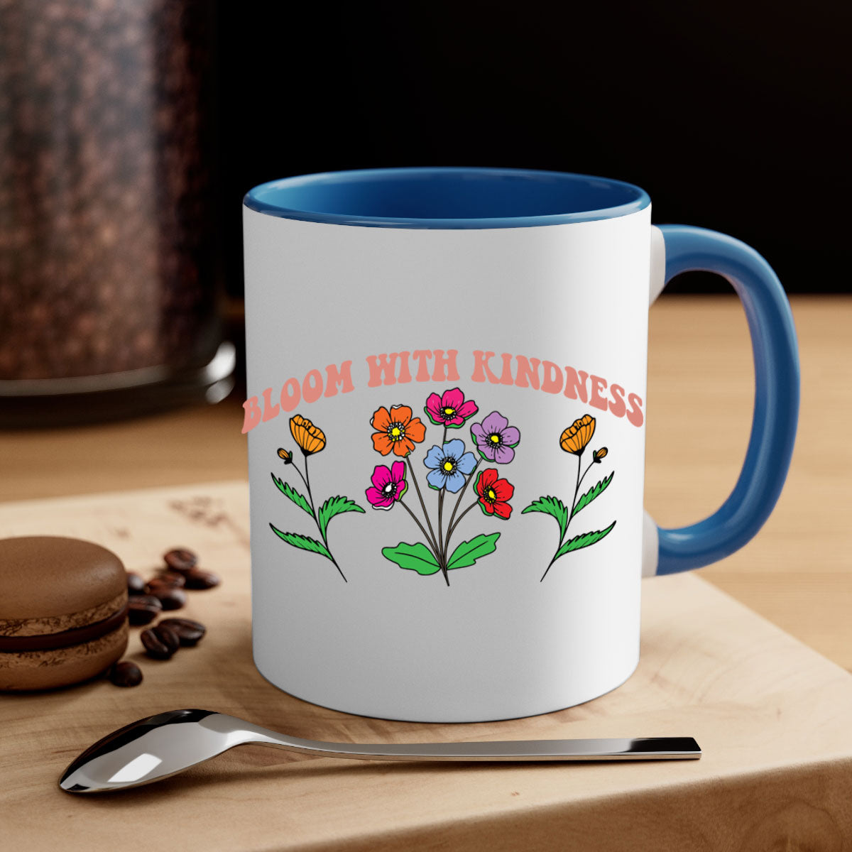 Bloom with Kindness 92# Mug featuring a glossy finish, colored handle, and interior, available in multiple colors.