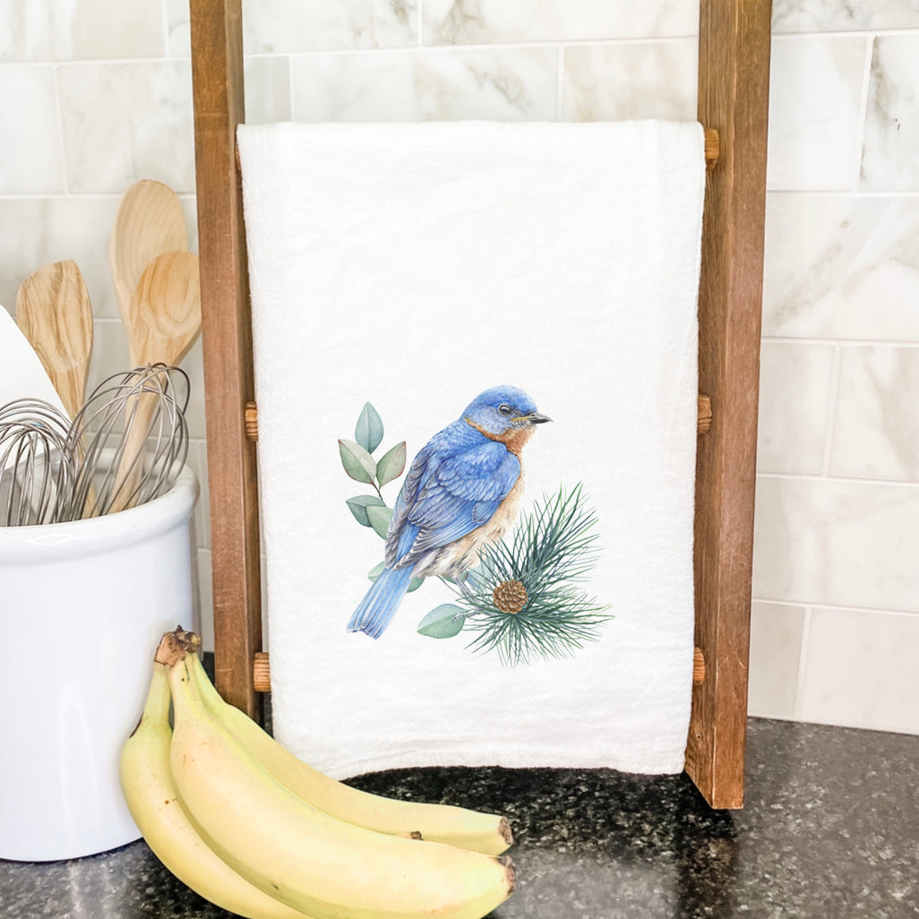 Blue Bird cotton tea towel featuring a vibrant blue bird design on a white background, perfect for kitchen use.