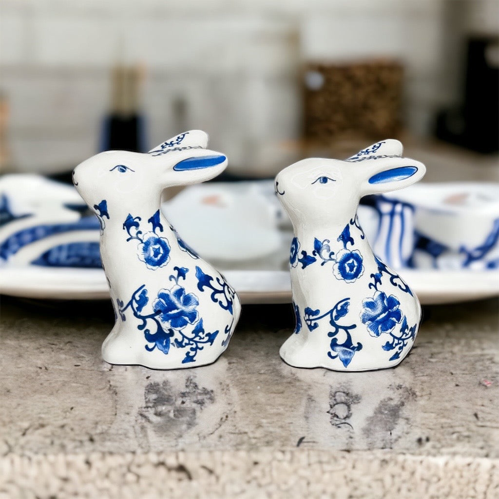 Charming blue and white bunny salt and pepper shakers, hand-painted porcelain design, perfect for spring and Easter decor.