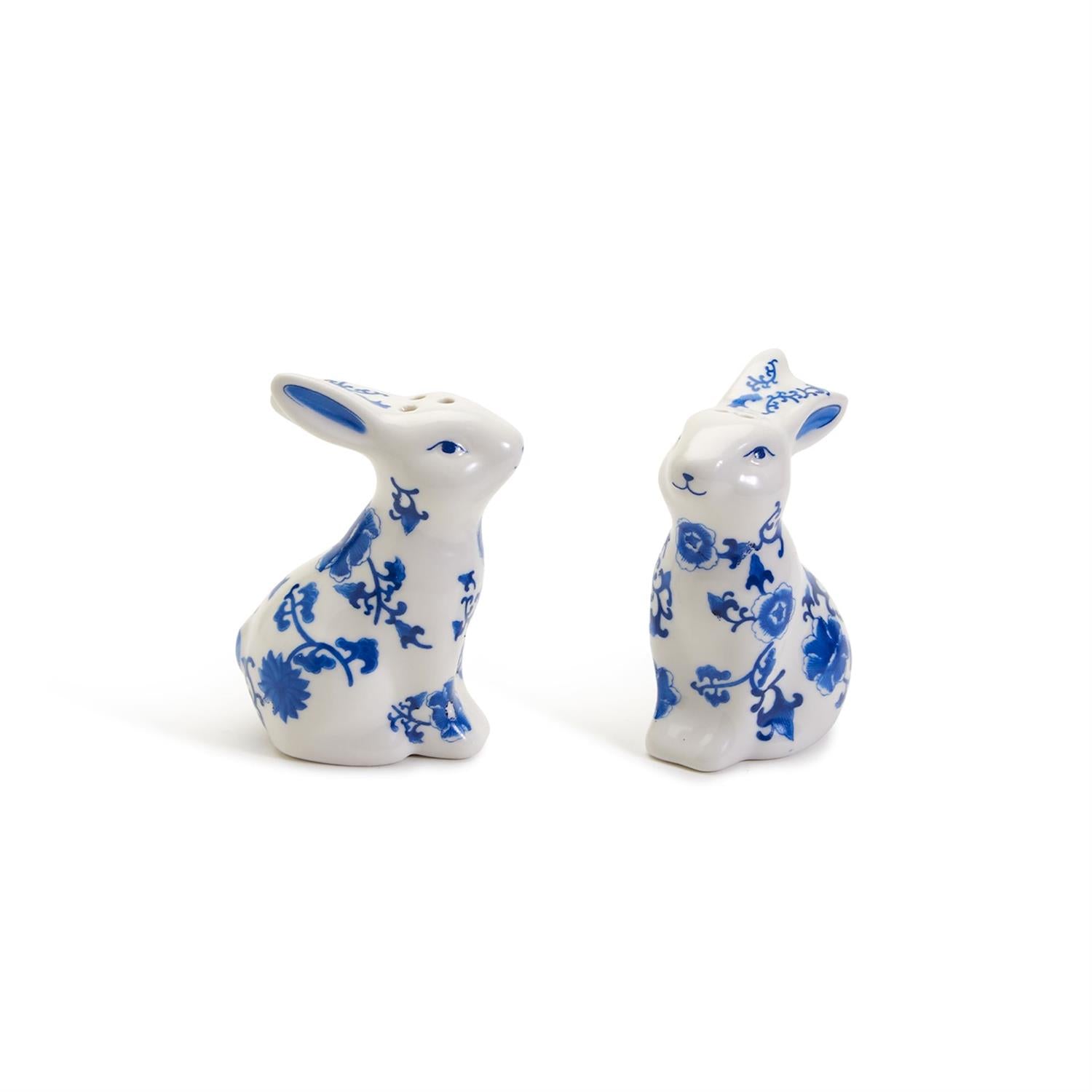 Charming blue and white bunny salt and pepper shakers, hand-painted porcelain design, perfect for spring and Easter decor.