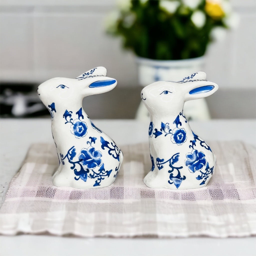 Charming blue and white bunny salt and pepper shakers, hand-painted porcelain design, perfect for spring and Easter decor.