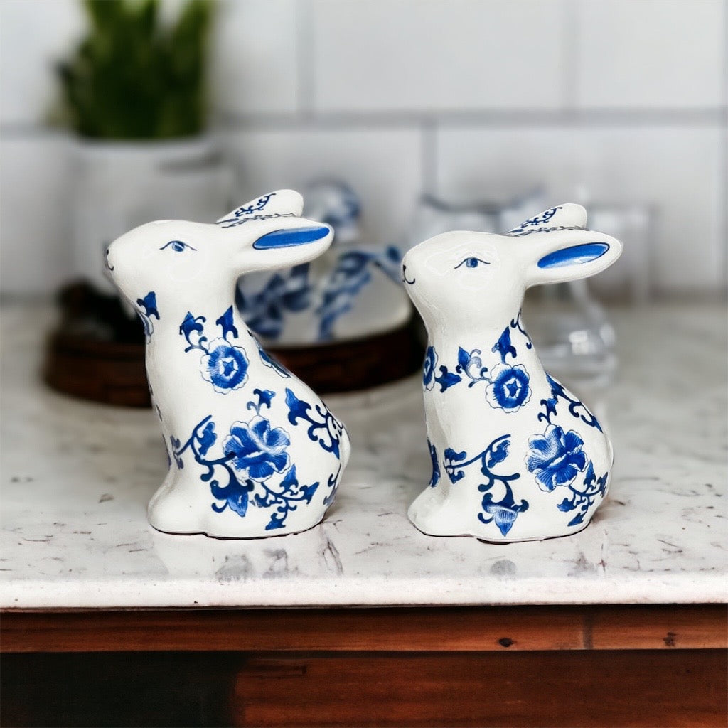 Charming blue and white bunny salt and pepper shakers, hand-painted porcelain design, perfect for spring and Easter decor.