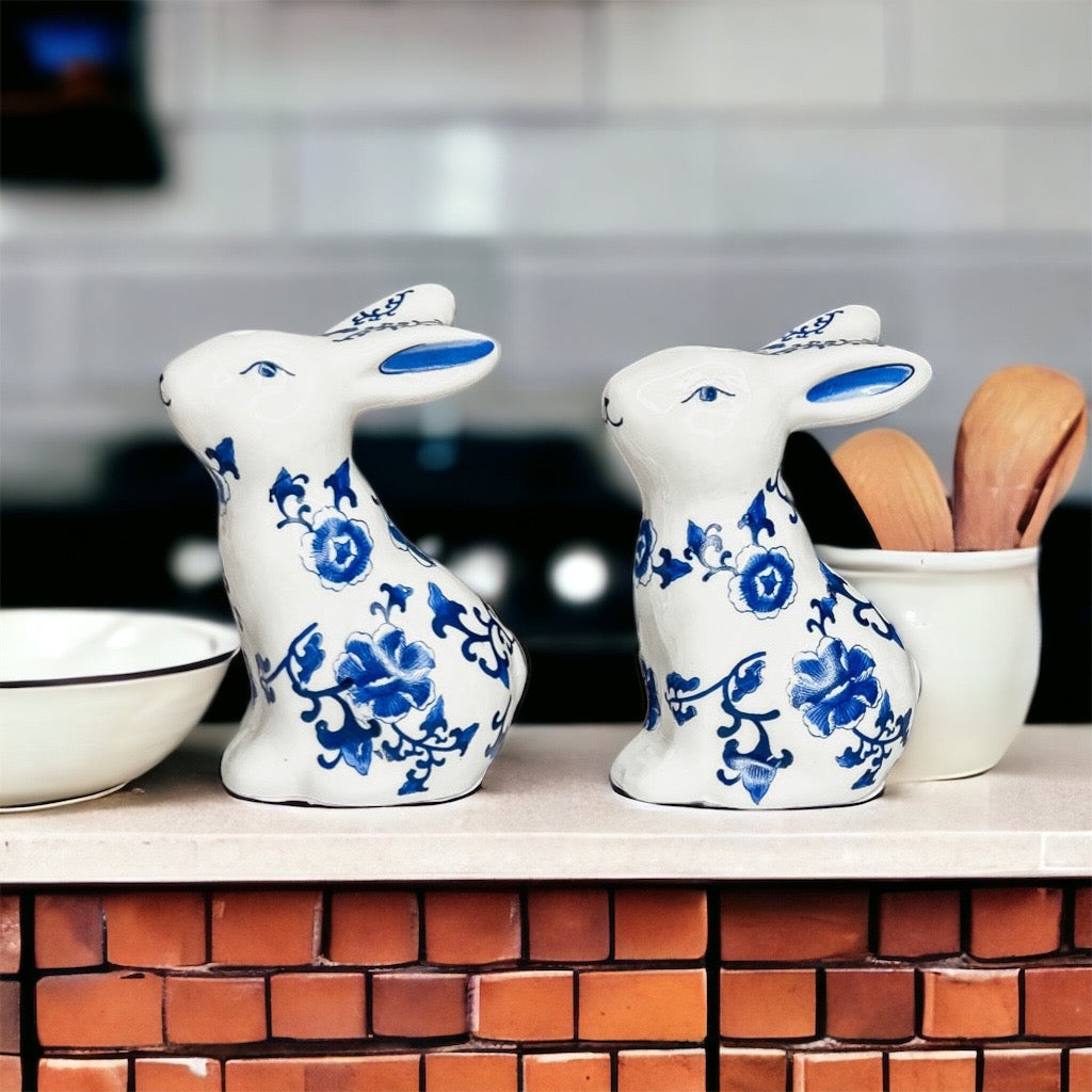 Charming blue and white bunny salt and pepper shakers, hand-painted porcelain design, perfect for spring and Easter decor.