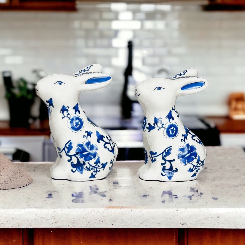 Charming blue and white bunny salt and pepper shakers, hand-painted porcelain design, perfect for spring and Easter decor.