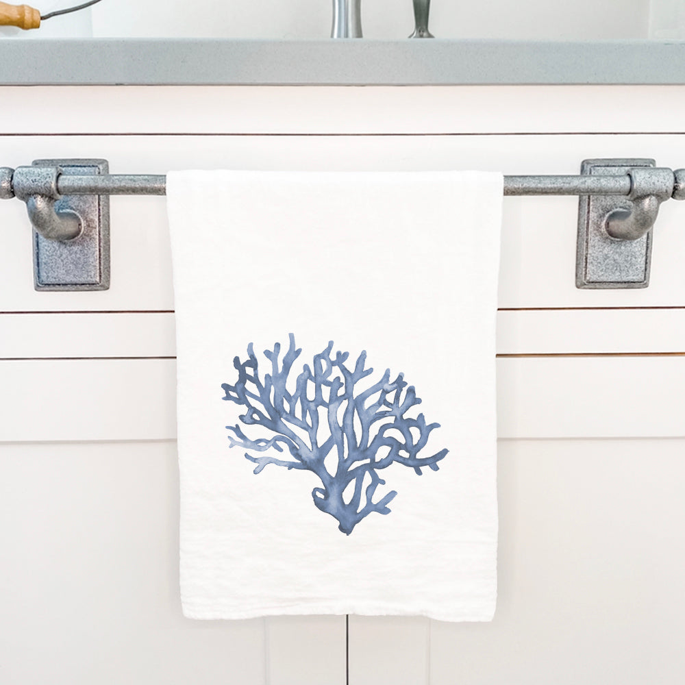 Blue Coral Cotton Tea Towel featuring a vibrant coral design, made from 100% absorbent cotton, perfect for kitchen use.