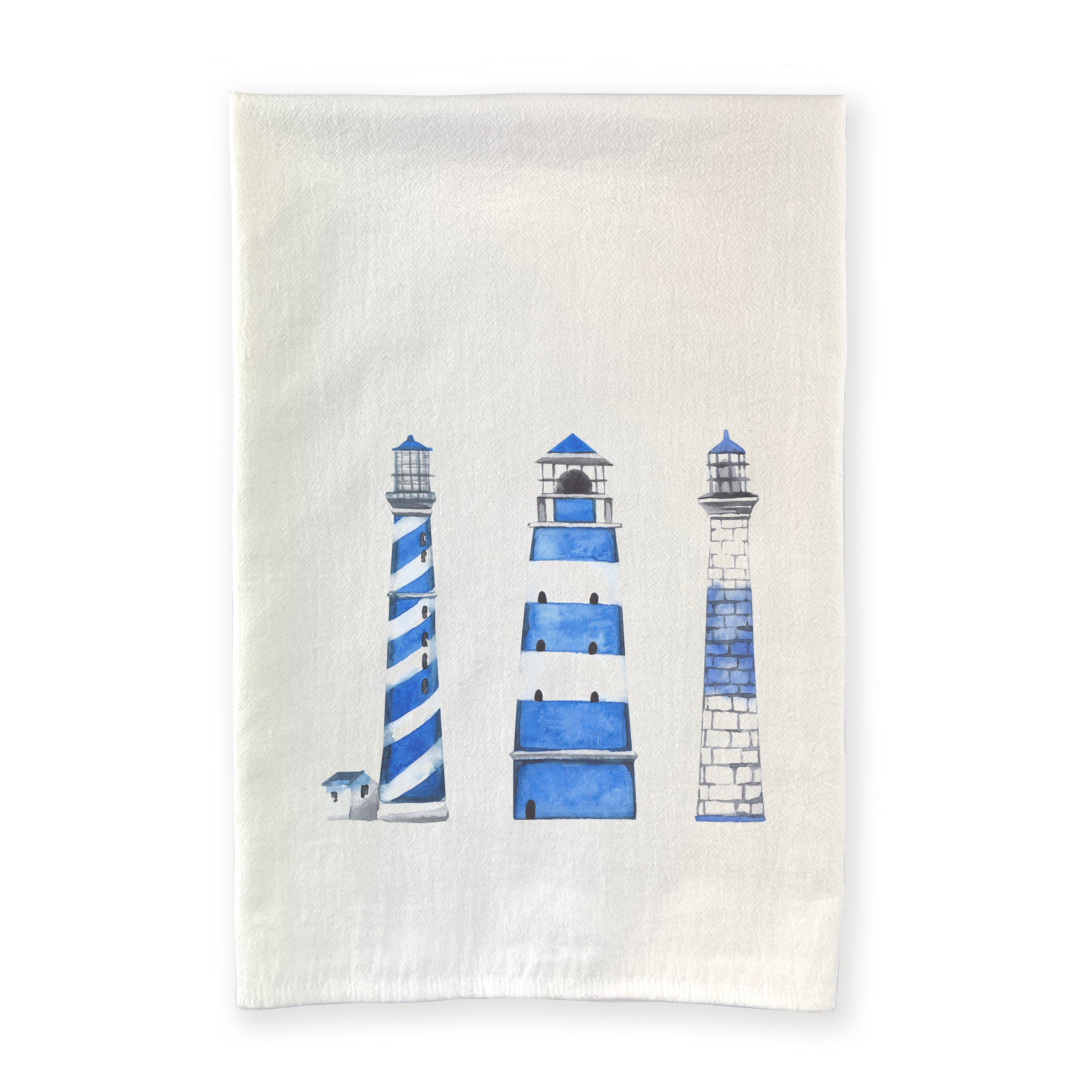 A vibrant blue cotton tea towel featuring a lighthouse design, perfect for kitchen use and decor.