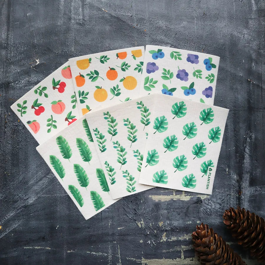 Colorful napkins with fruit designs.