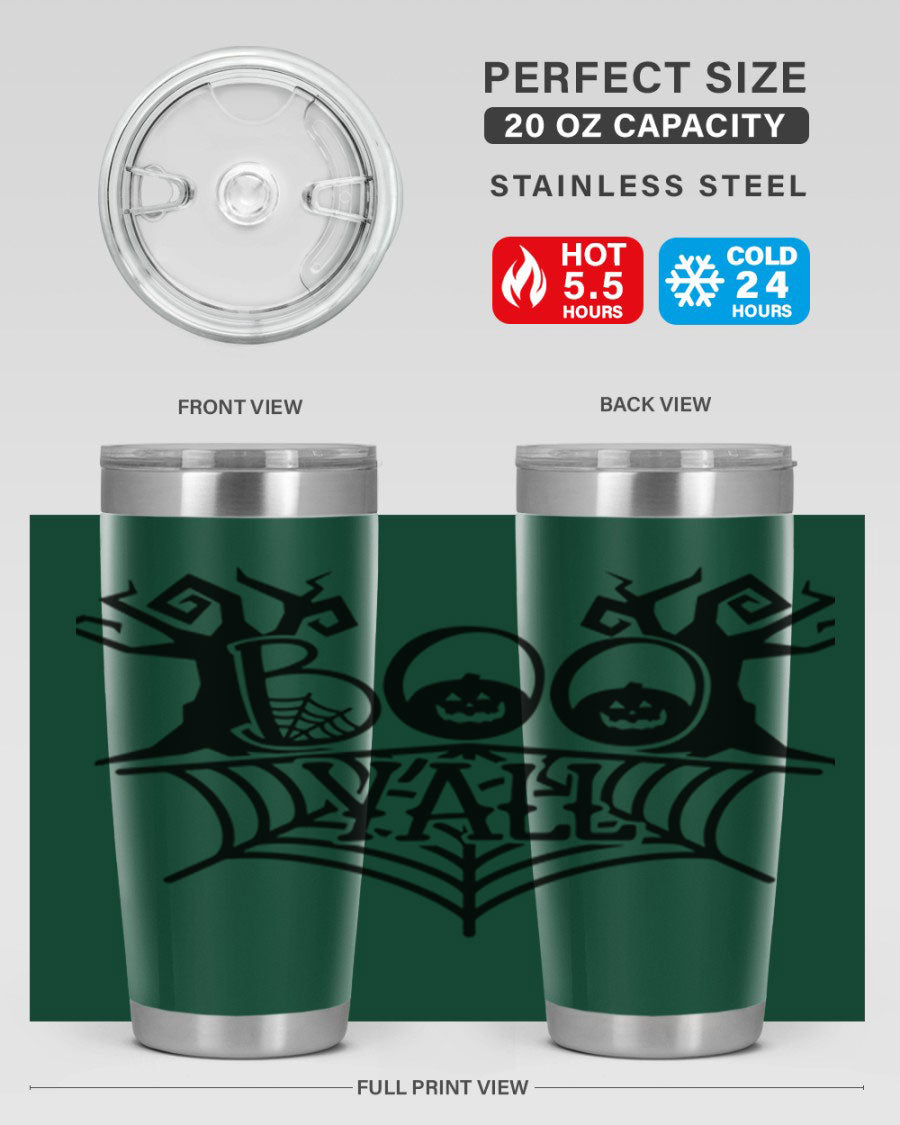 Boo Y'all 86# Halloween Tumbler in 20oz and 30oz sizes, featuring a double wall vacuum stainless steel design with a festive Halloween theme.