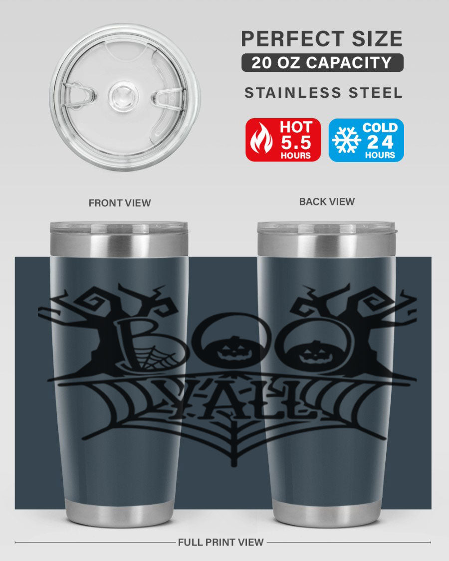 Boo Y'all 86# Halloween Tumbler in 20oz and 30oz sizes, featuring a double wall vacuum stainless steel design with a festive Halloween theme.