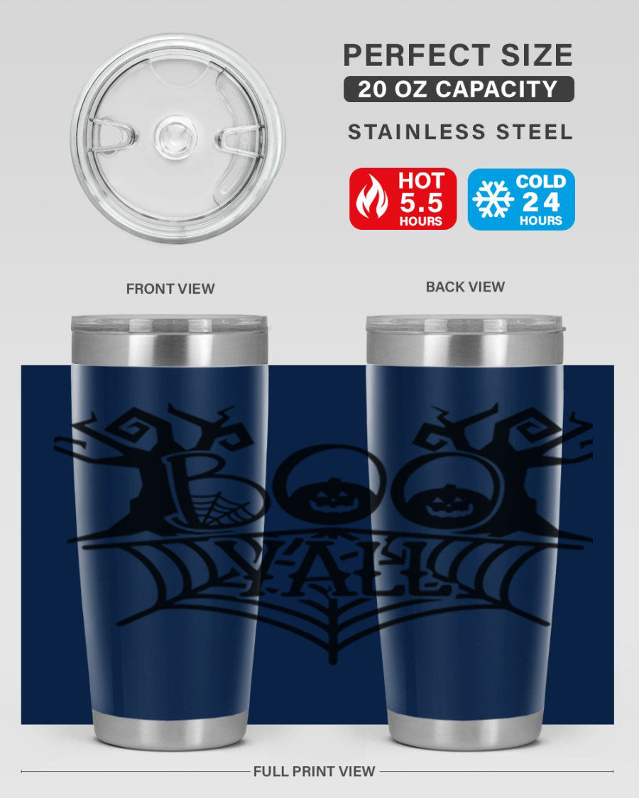 Boo Y'all 86# Halloween Tumbler in 20oz and 30oz sizes, featuring a double wall vacuum stainless steel design with a festive Halloween theme.