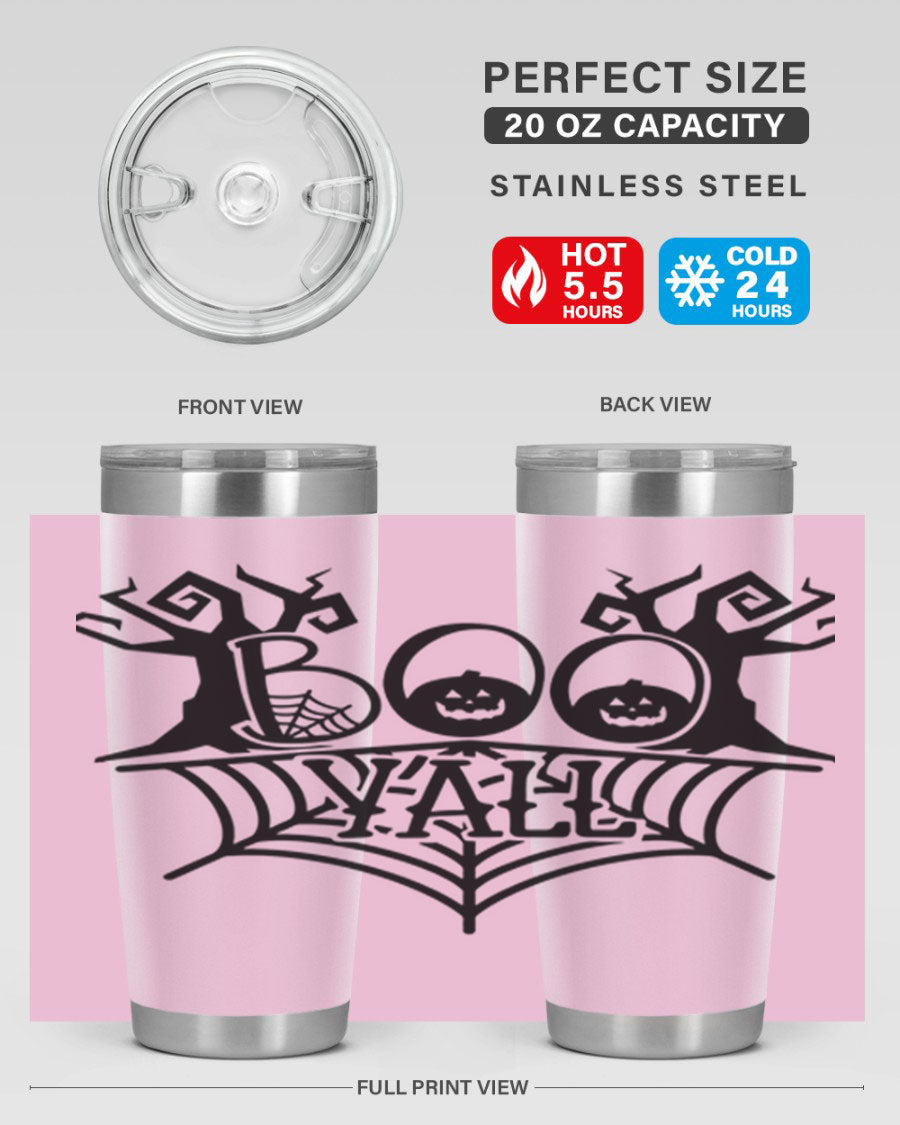 Boo Y'all 86# Halloween Tumbler in 20oz and 30oz sizes, featuring a double wall vacuum stainless steel design with a festive Halloween theme.