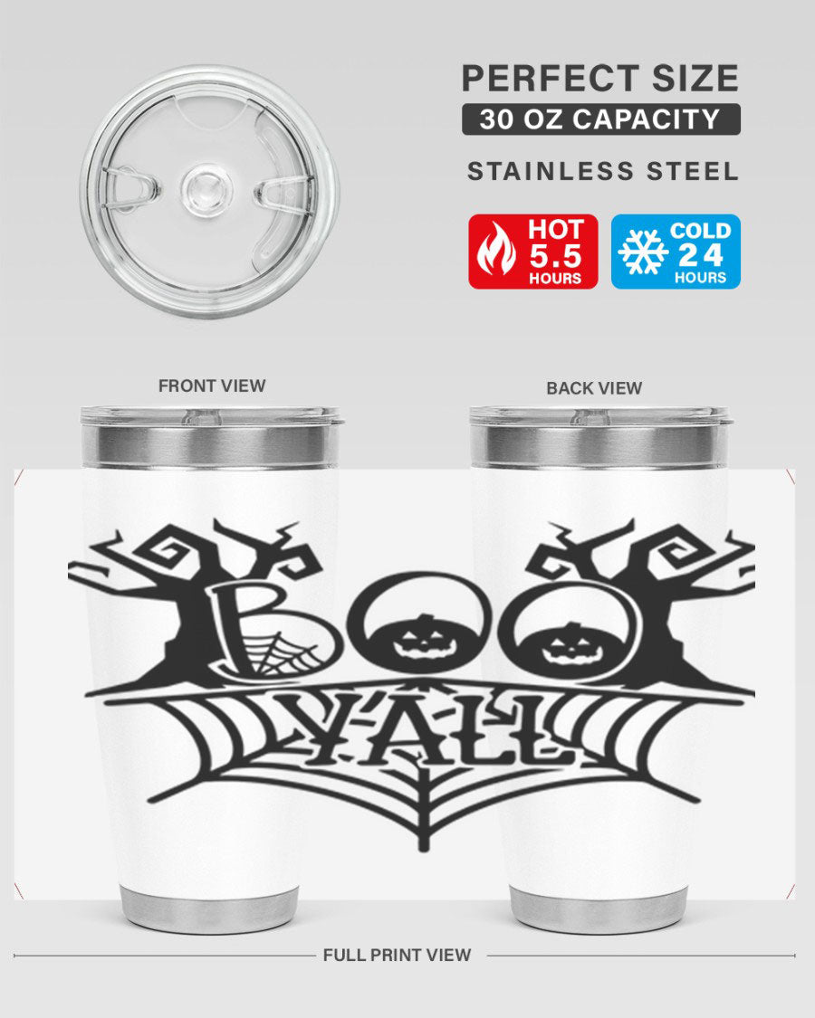 Boo Y'all 86# Halloween Tumbler in 20oz and 30oz sizes, featuring a double wall vacuum stainless steel design with a festive Halloween theme.