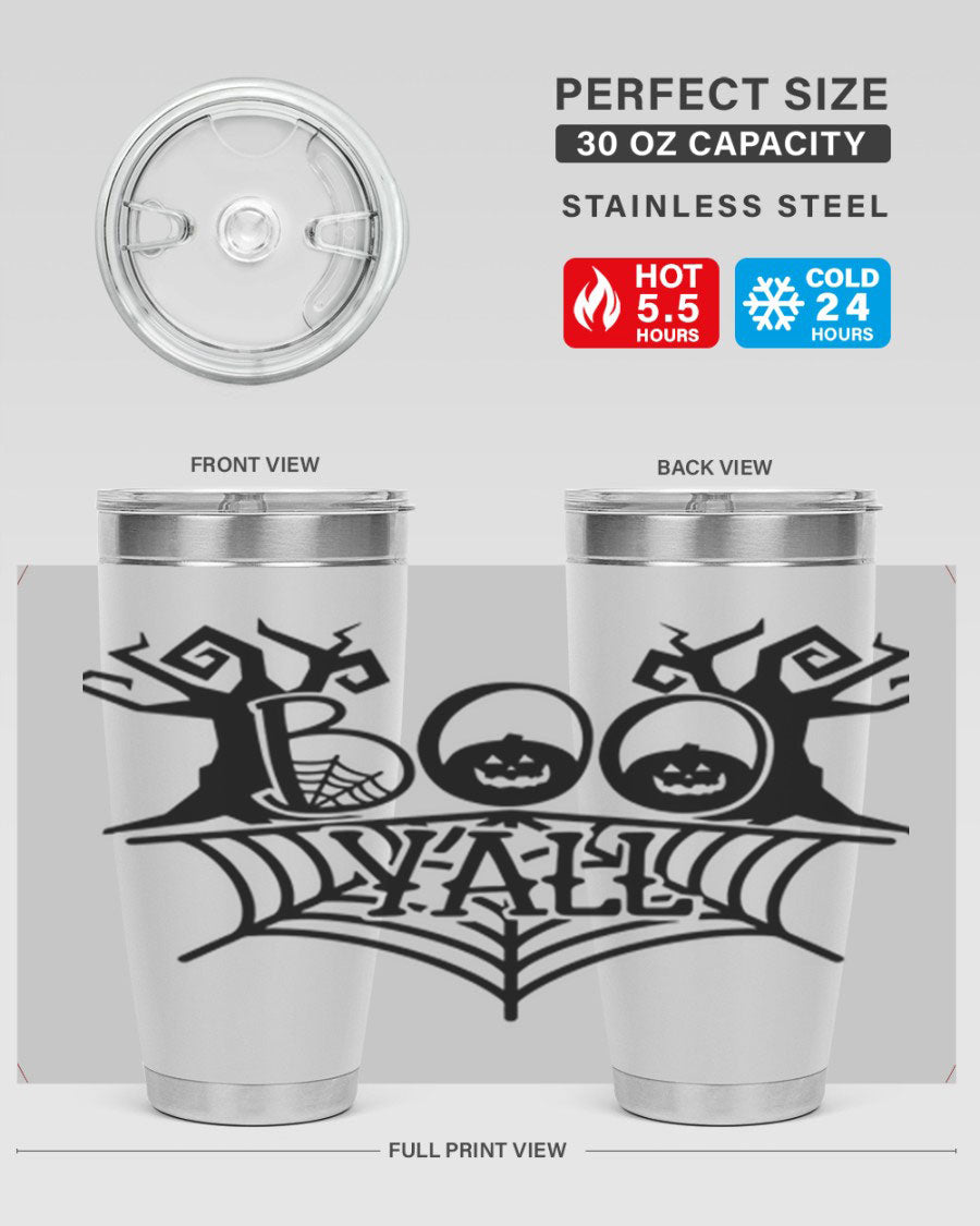 Boo Y'all 86# Halloween Tumbler in 20oz and 30oz sizes, featuring a double wall vacuum stainless steel design with a festive Halloween theme.