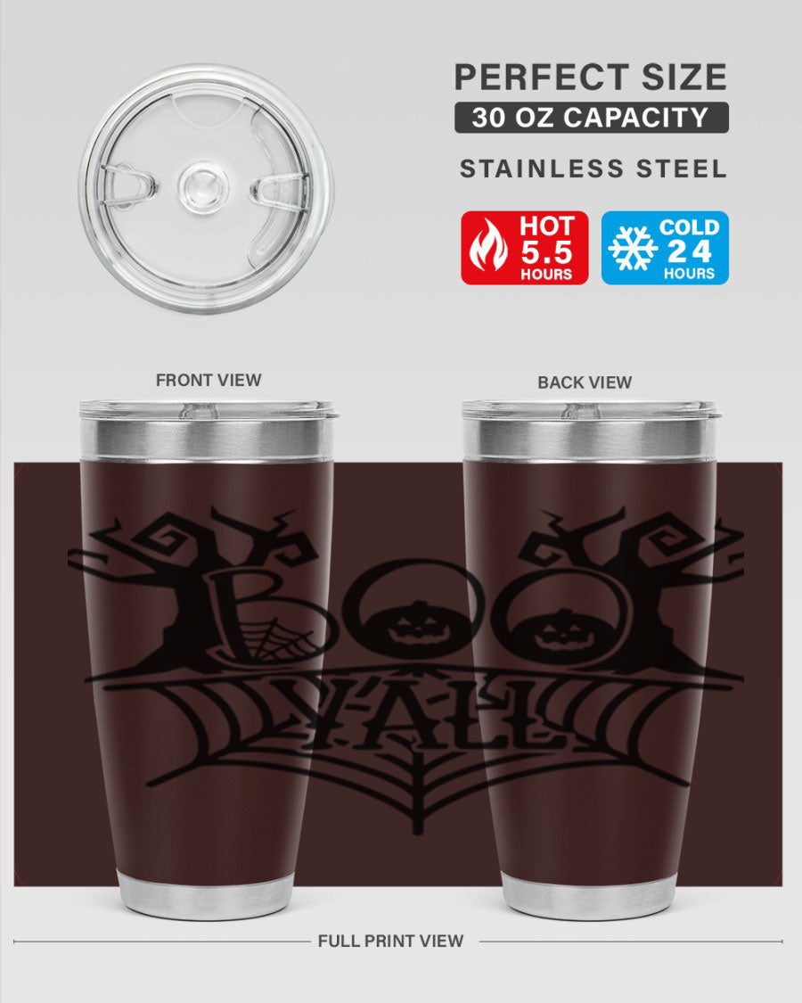 Boo Y'all 86# Halloween Tumbler in 20oz and 30oz sizes, featuring a double wall vacuum stainless steel design with a festive Halloween theme.