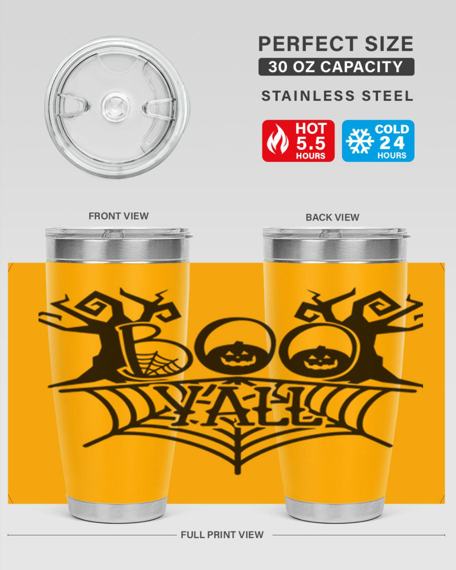 Boo Y'all 86# Halloween Tumbler in 20oz and 30oz sizes, featuring a double wall vacuum stainless steel design with a festive Halloween theme.