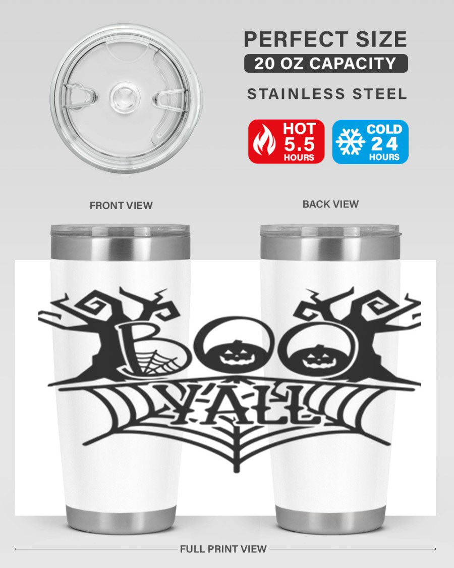 Boo Y'all 86# Halloween Tumbler in 20oz and 30oz sizes, featuring a double wall vacuum stainless steel design with a festive Halloween theme.