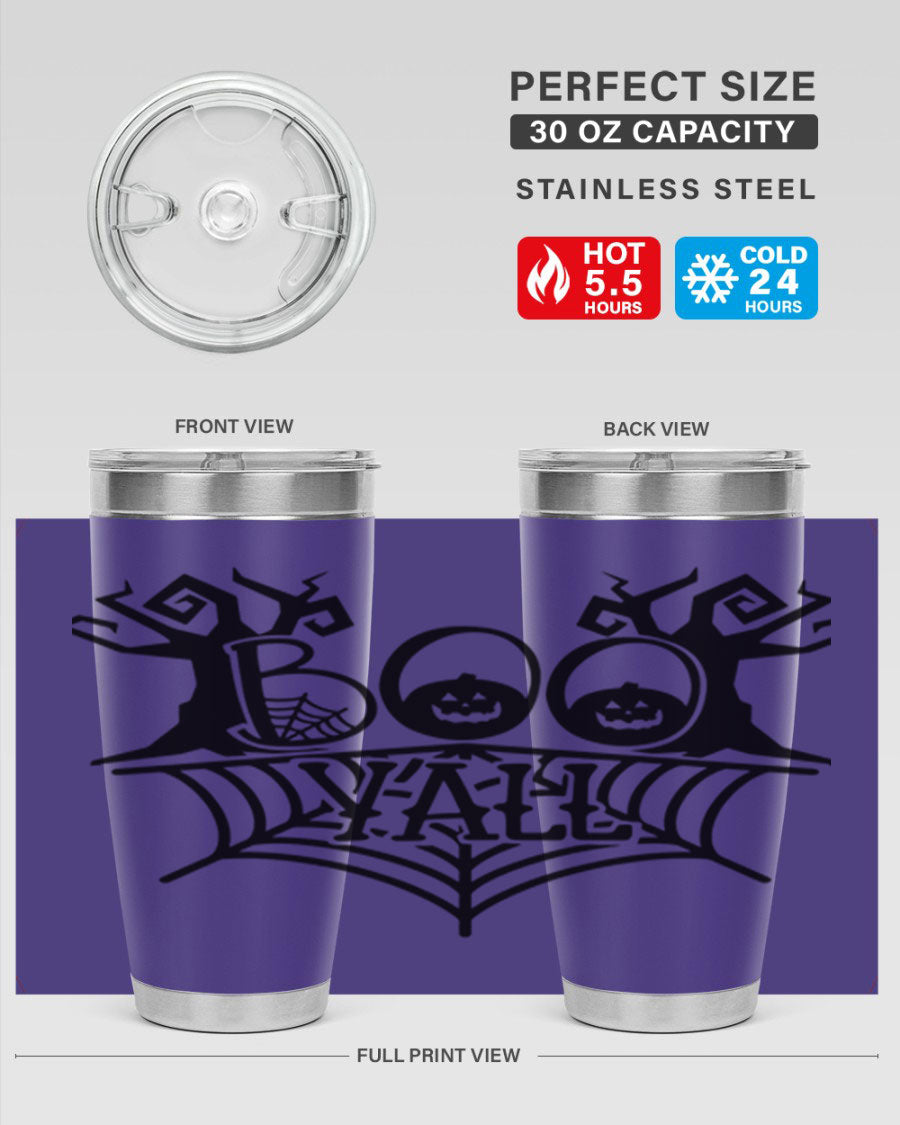 Boo Y'all 86# Halloween Tumbler in 20oz and 30oz sizes, featuring a double wall vacuum stainless steel design with a festive Halloween theme.