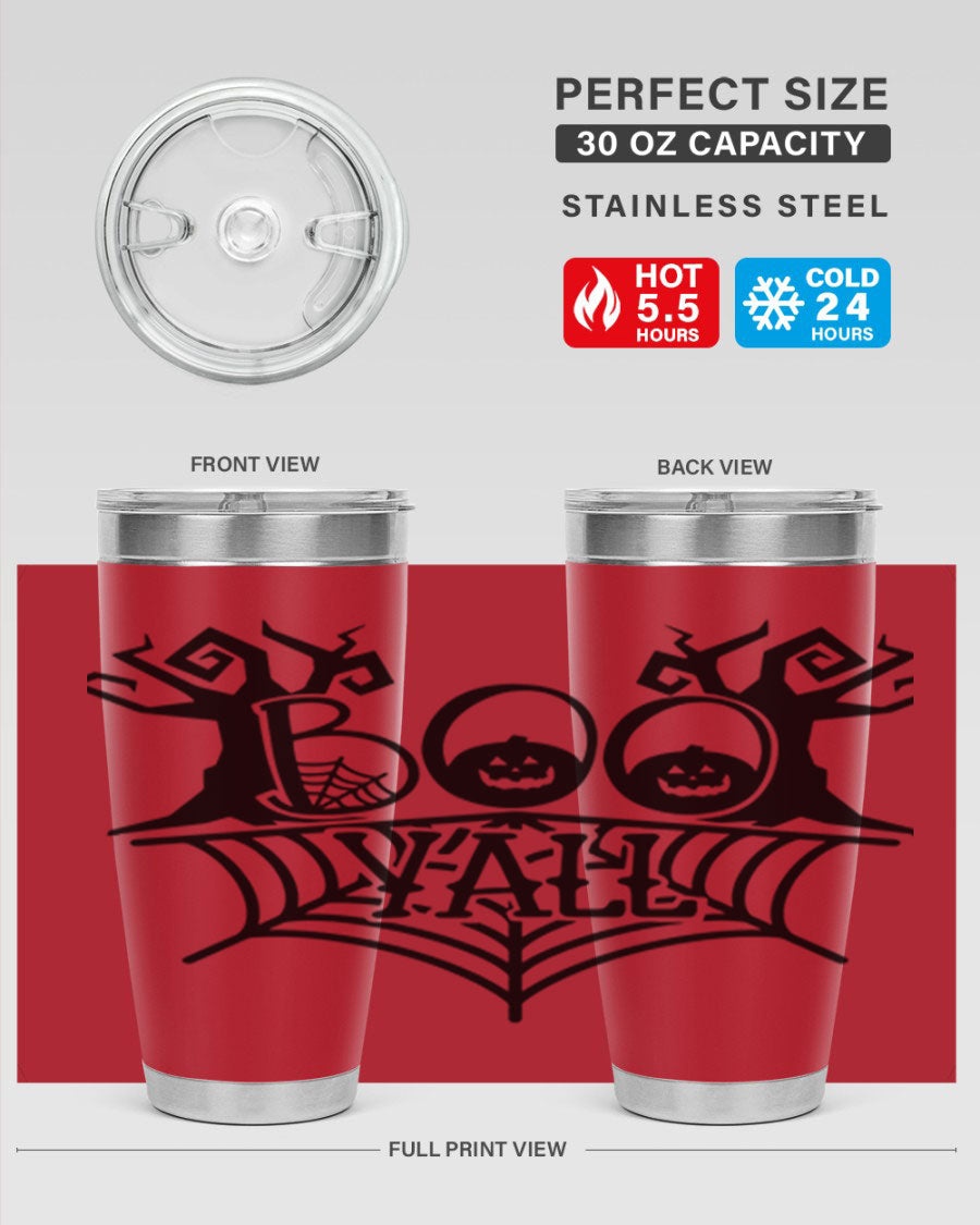 Boo Y'all 86# Halloween Tumbler in 20oz and 30oz sizes, featuring a double wall vacuum stainless steel design with a festive Halloween theme.