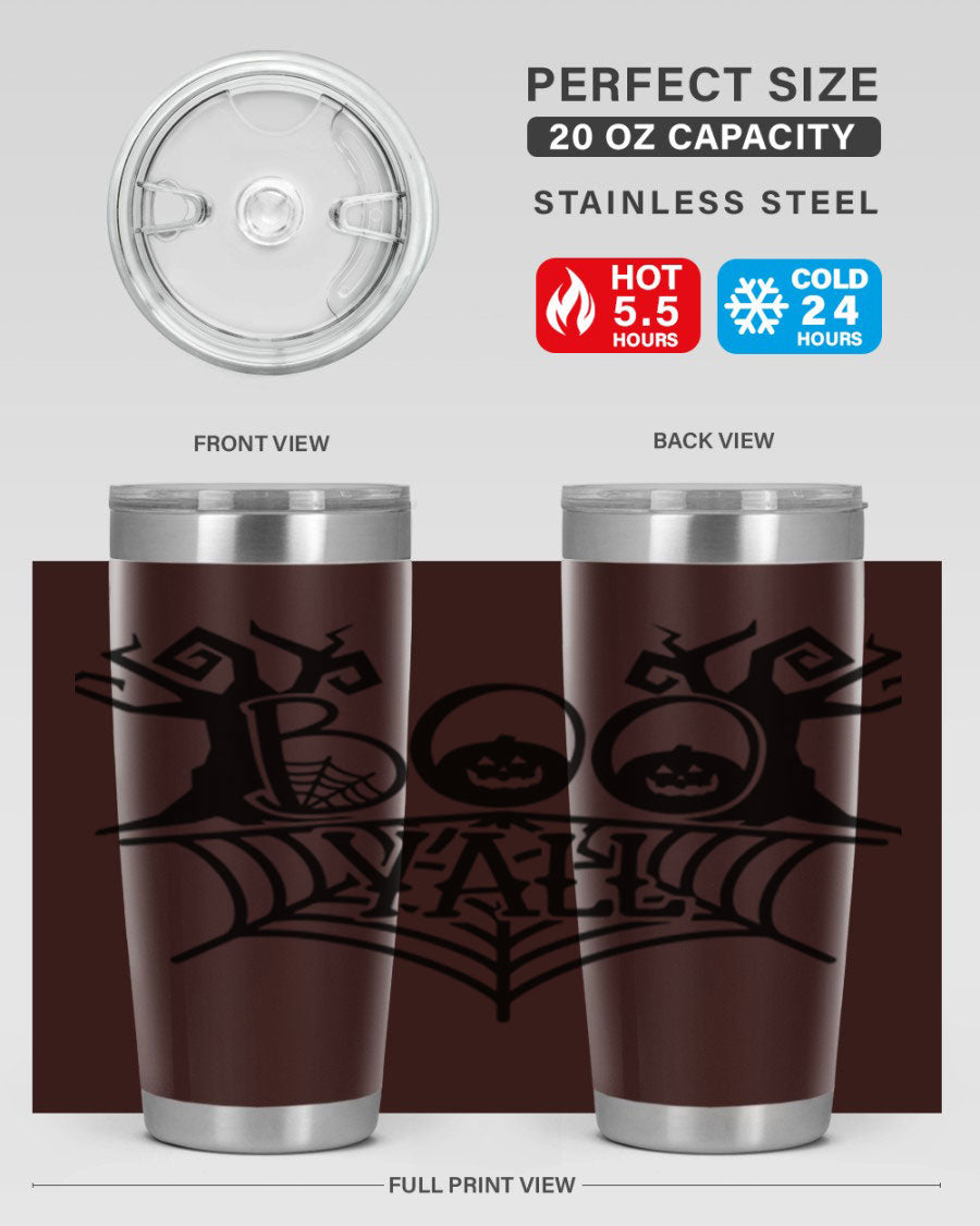 Boo Y'all 86# Halloween Tumbler in 20oz and 30oz sizes, featuring a double wall vacuum stainless steel design with a festive Halloween theme.