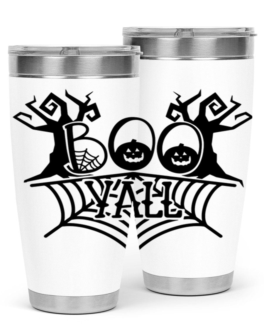 Boo Y'all 86# Halloween Tumbler in 20oz and 30oz sizes, featuring a double wall vacuum stainless steel design with a festive Halloween theme.