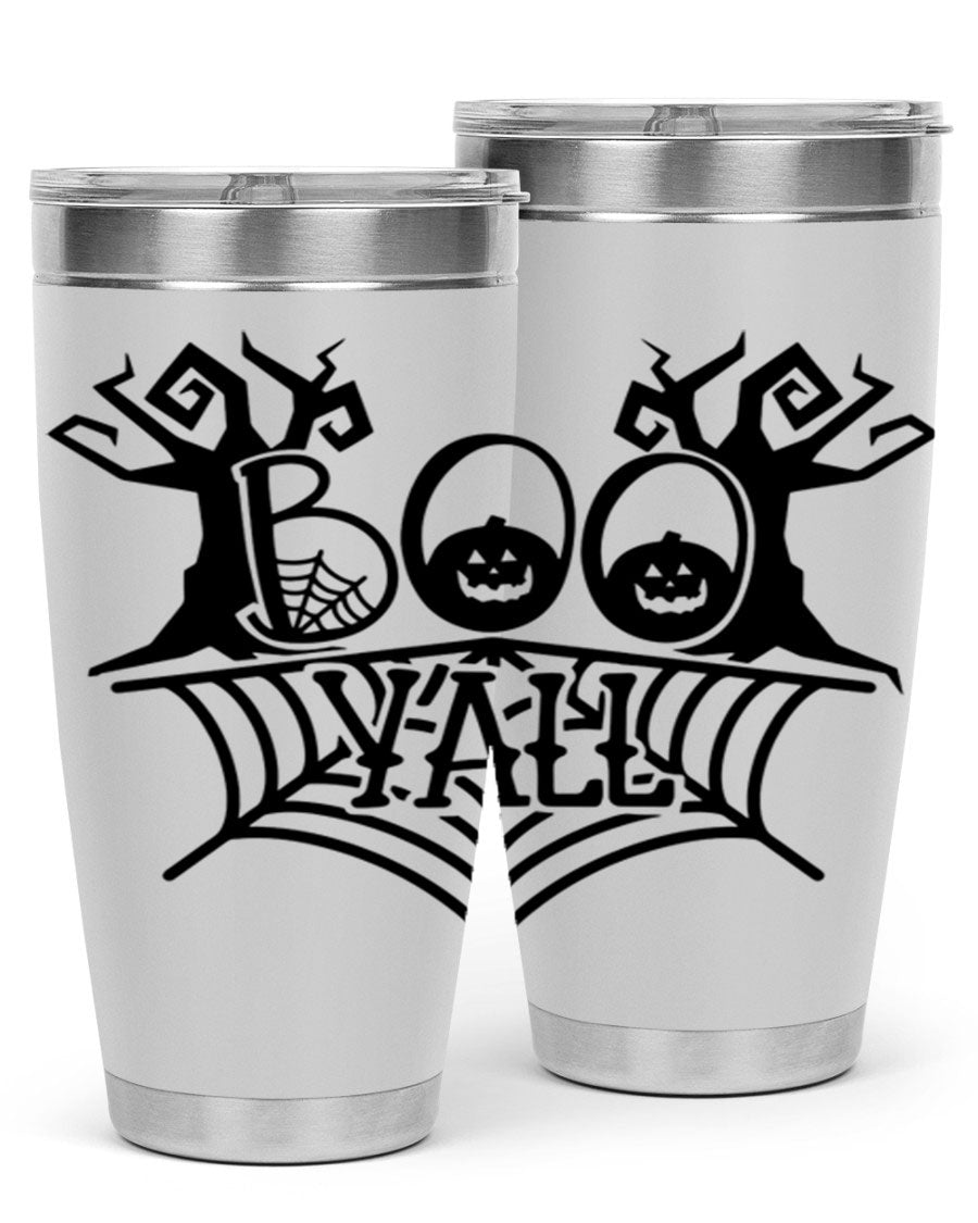 Boo Y'all 86# Halloween Tumbler in 20oz and 30oz sizes, featuring a double wall vacuum stainless steel design with a festive Halloween theme.