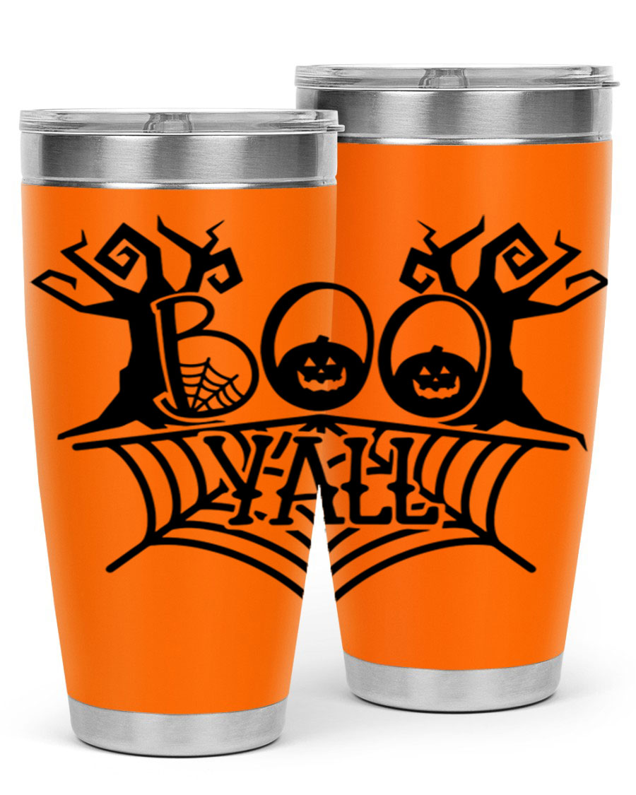 Boo Y'all 86# Halloween Tumbler in 20oz and 30oz sizes, featuring a double wall vacuum stainless steel design with a festive Halloween theme.