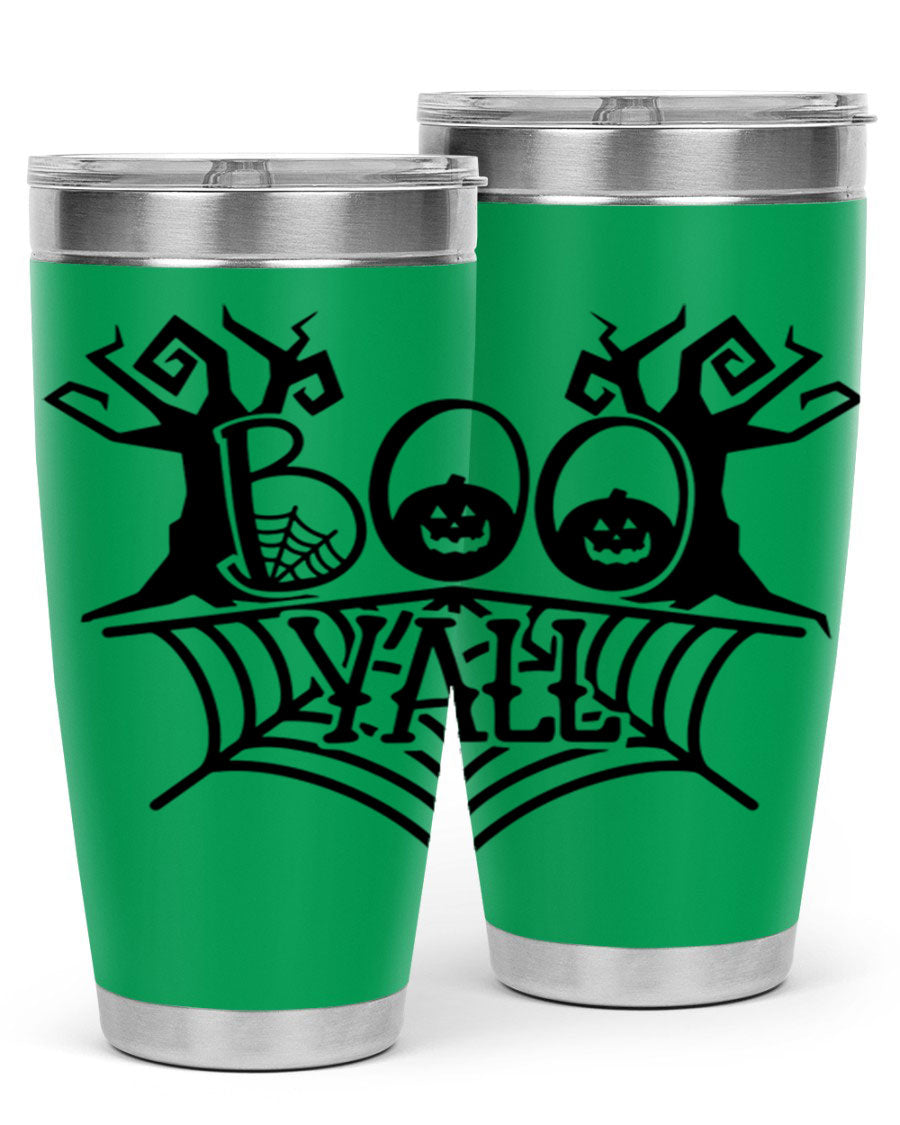 Boo Y'all 86# Halloween Tumbler in 20oz and 30oz sizes, featuring a double wall vacuum stainless steel design with a festive Halloween theme.