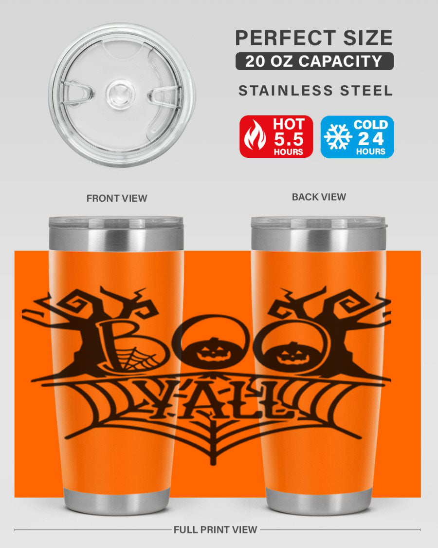 Boo Y'all 86# Halloween Tumbler in 20oz and 30oz sizes, featuring a double wall vacuum stainless steel design with a festive Halloween theme.