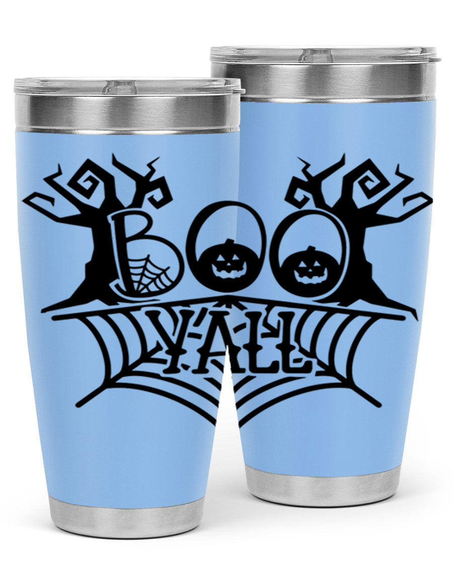 Boo Y'all 86# Halloween Tumbler in 20oz and 30oz sizes, featuring a double wall vacuum stainless steel design with a festive Halloween theme.