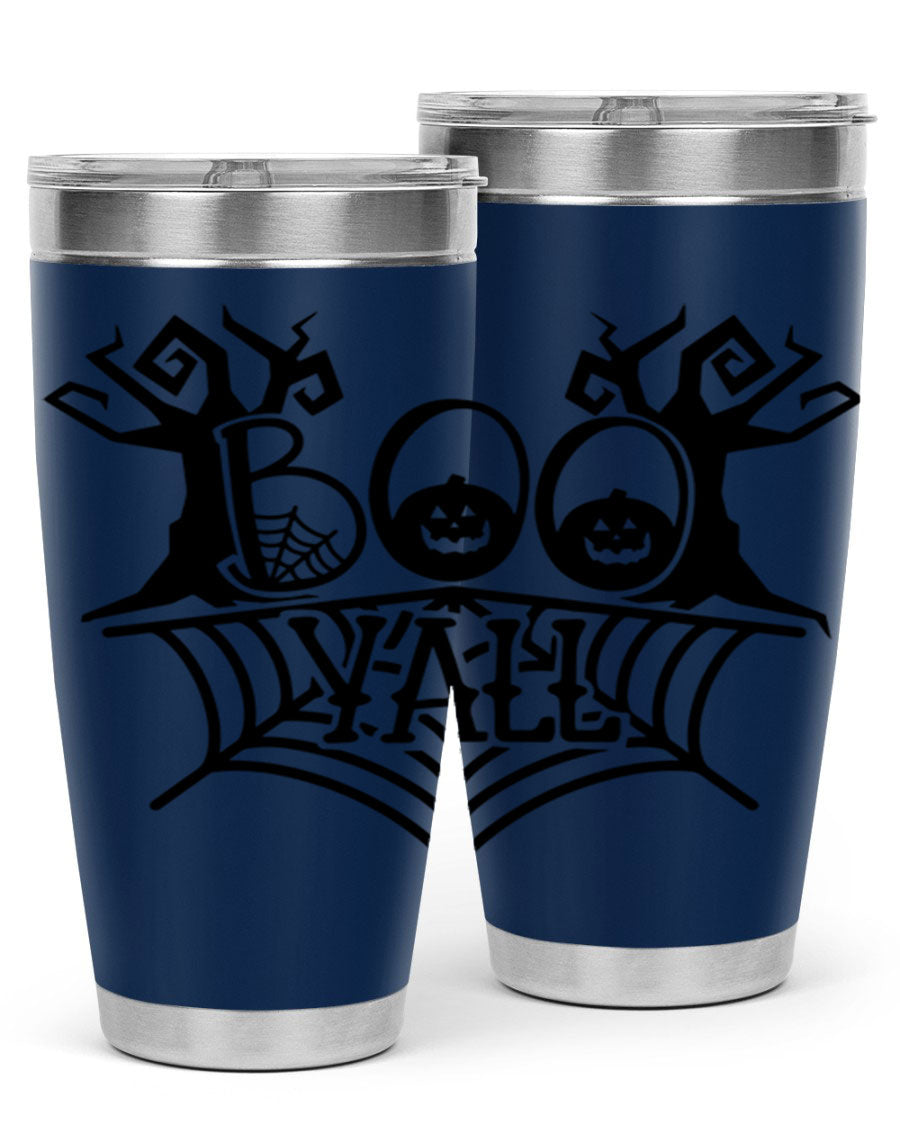 Boo Y'all 86# Halloween Tumbler in 20oz and 30oz sizes, featuring a double wall vacuum stainless steel design with a festive Halloween theme.