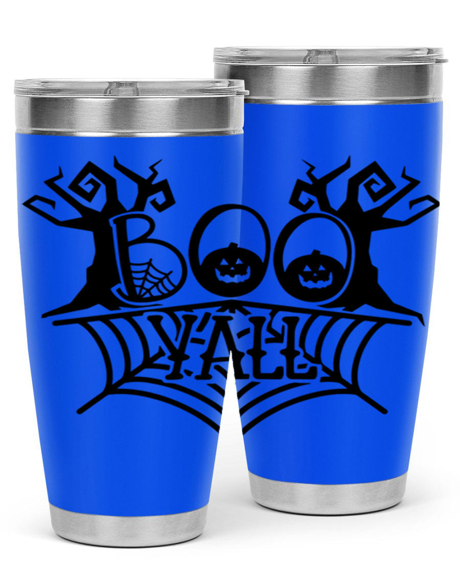 Boo Y'all 86# Halloween Tumbler in 20oz and 30oz sizes, featuring a double wall vacuum stainless steel design with a festive Halloween theme.