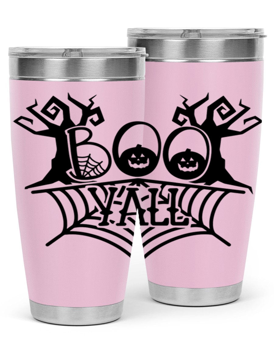 Boo Y'all 86# Halloween Tumbler in 20oz and 30oz sizes, featuring a double wall vacuum stainless steel design with a festive Halloween theme.