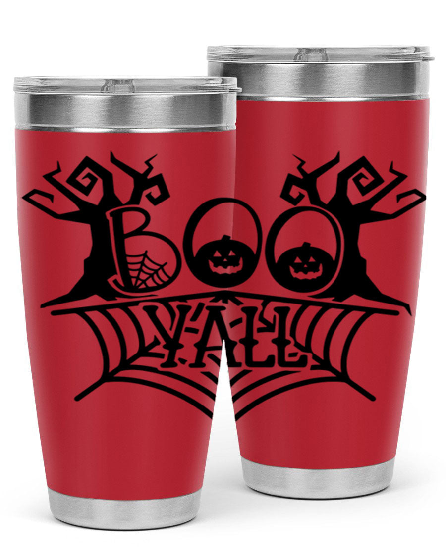 Boo Y'all 86# Halloween Tumbler in 20oz and 30oz sizes, featuring a double wall vacuum stainless steel design with a festive Halloween theme.