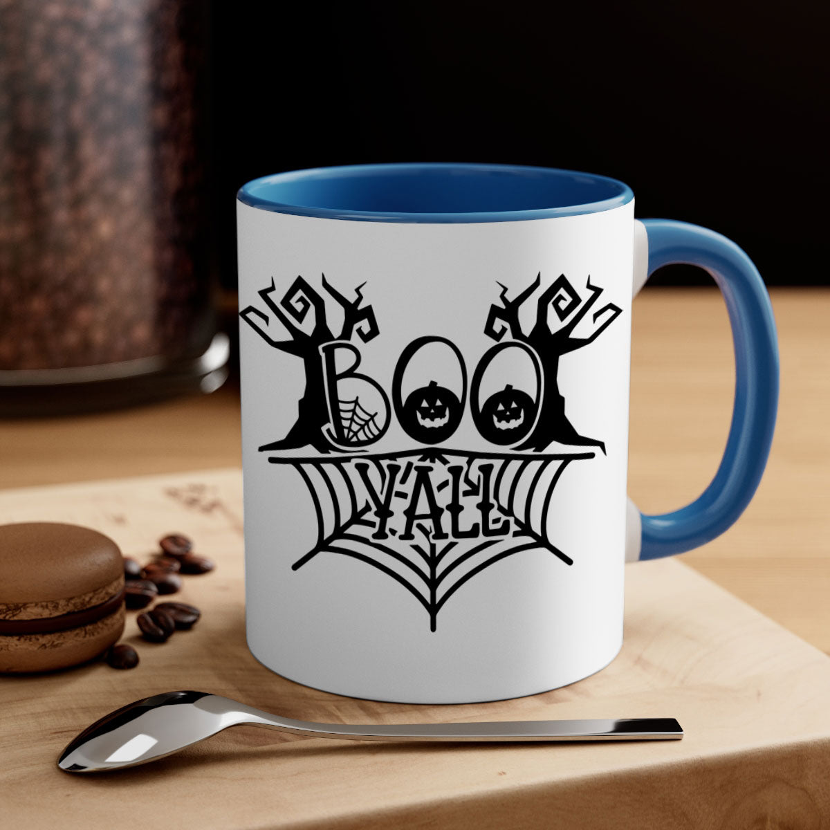 Boo Yall 86# Halloween Mug with colorful handle and glossy finish, perfect for coffee and tea.