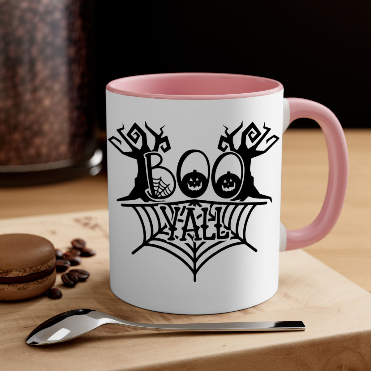 Boo Yall 86# Halloween Mug with colorful handle and glossy finish, perfect for coffee and tea.