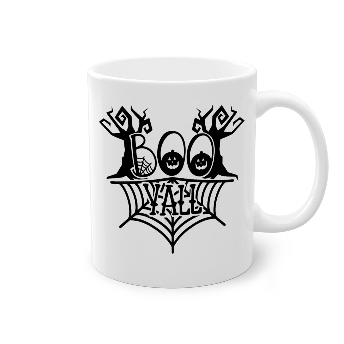 Boo Yall 86# Halloween Mug with colorful handle and glossy finish, perfect for coffee and tea.