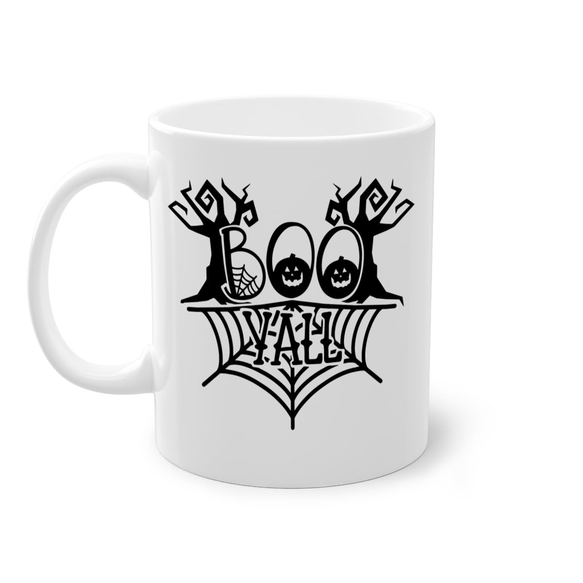 Boo Yall 86# Halloween Mug with colorful handle and glossy finish, perfect for coffee and tea.