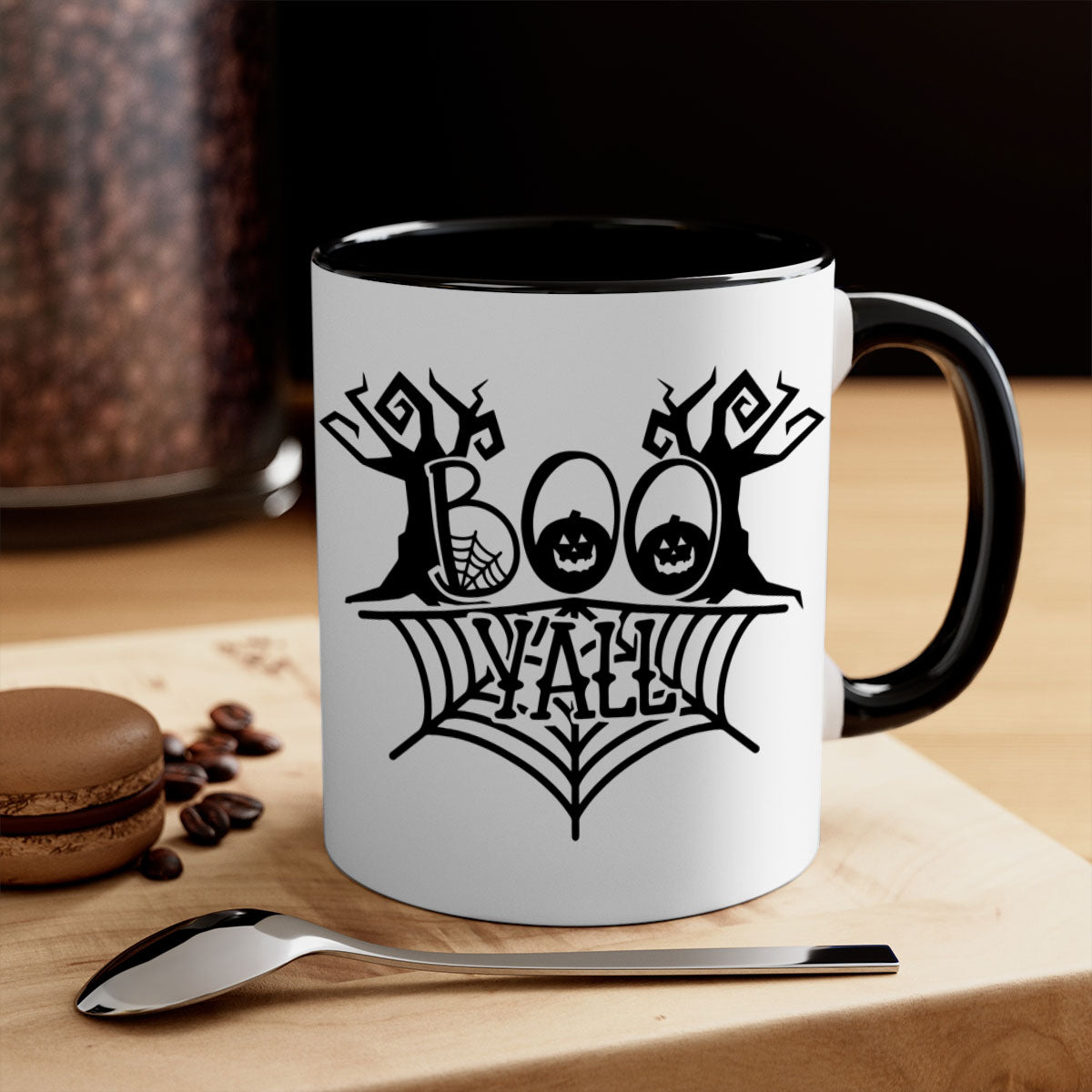 Boo Yall 86# Halloween Mug with colorful handle and glossy finish, perfect for coffee and tea.